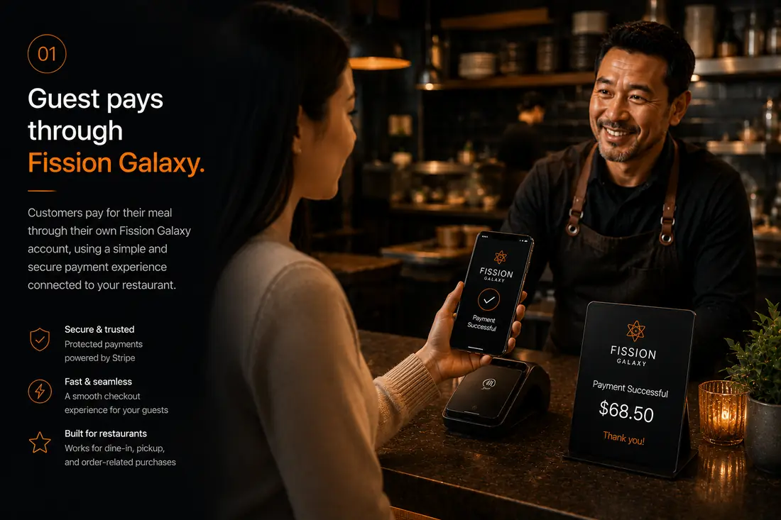 A customer taps Payment Successful on a phone at the restaurant counter
