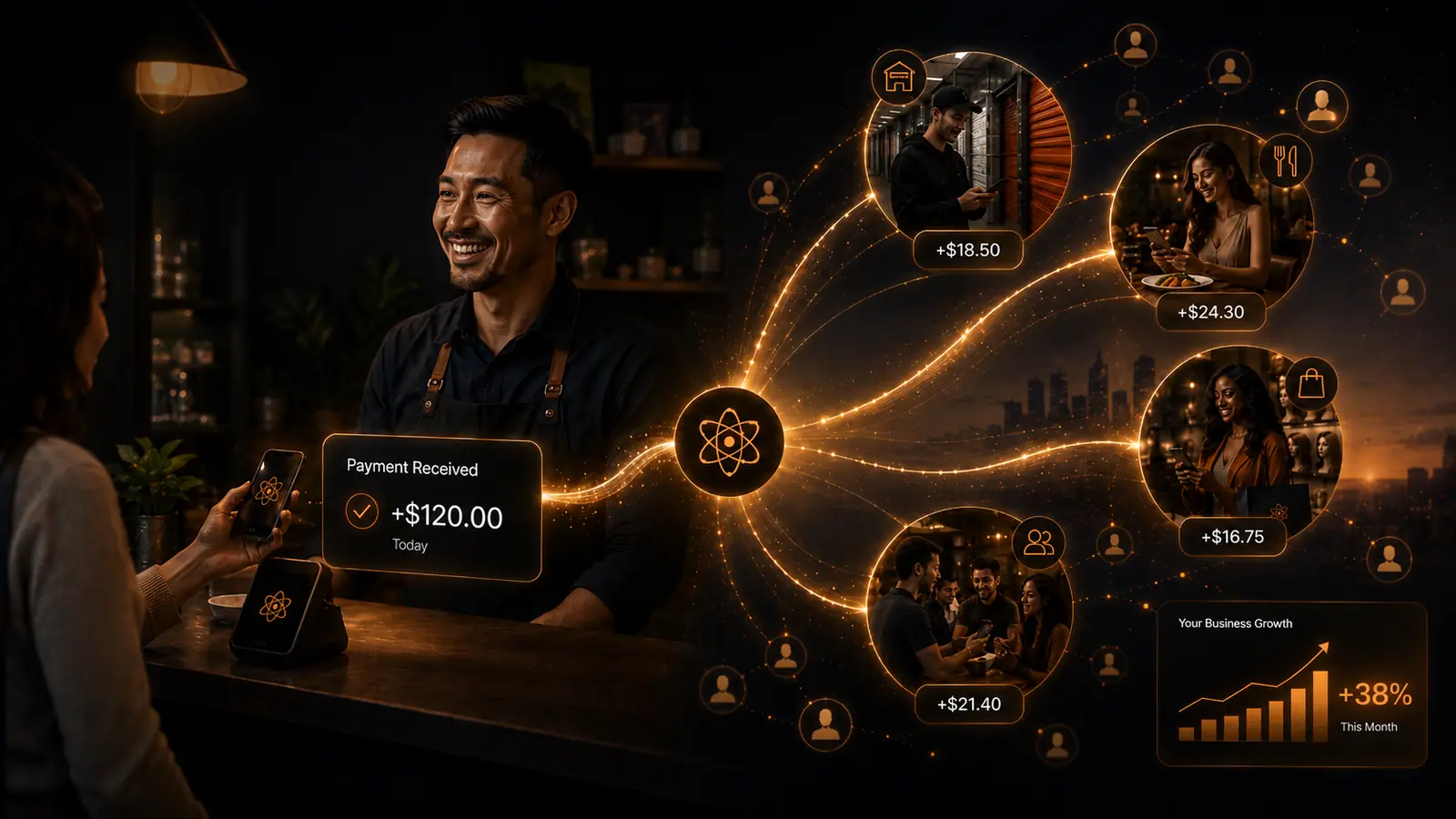 Fission Galaxy admin dashboard on a laptop with a successful rent payment on a phone