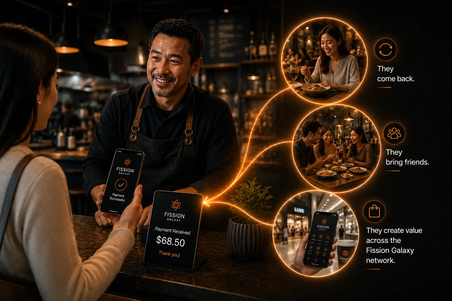 A restaurant owner and diners with the Fission Galaxy ordering experience