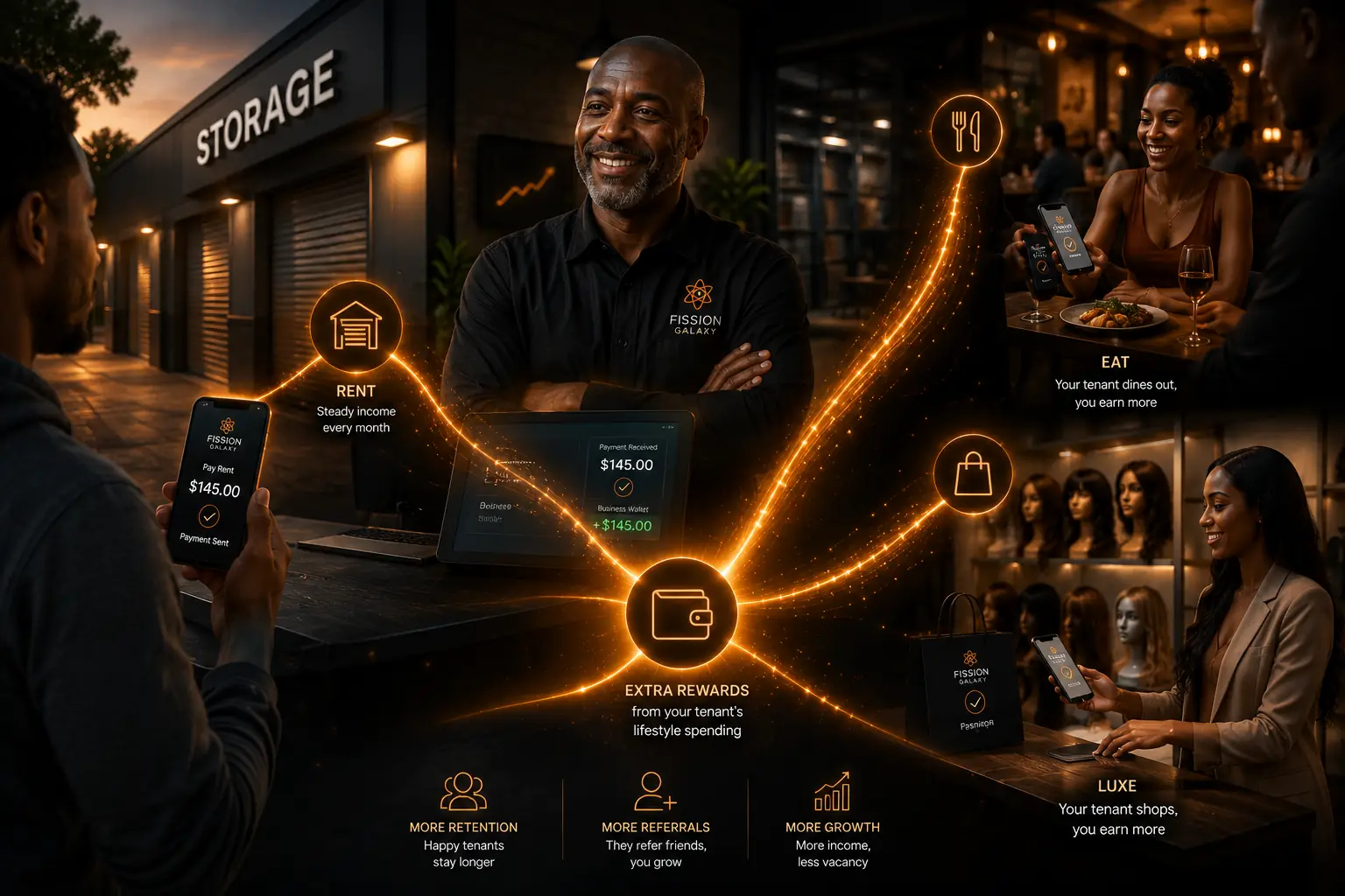 Fission Galaxy dashboard on a laptop with a successful rent payment on a phone
