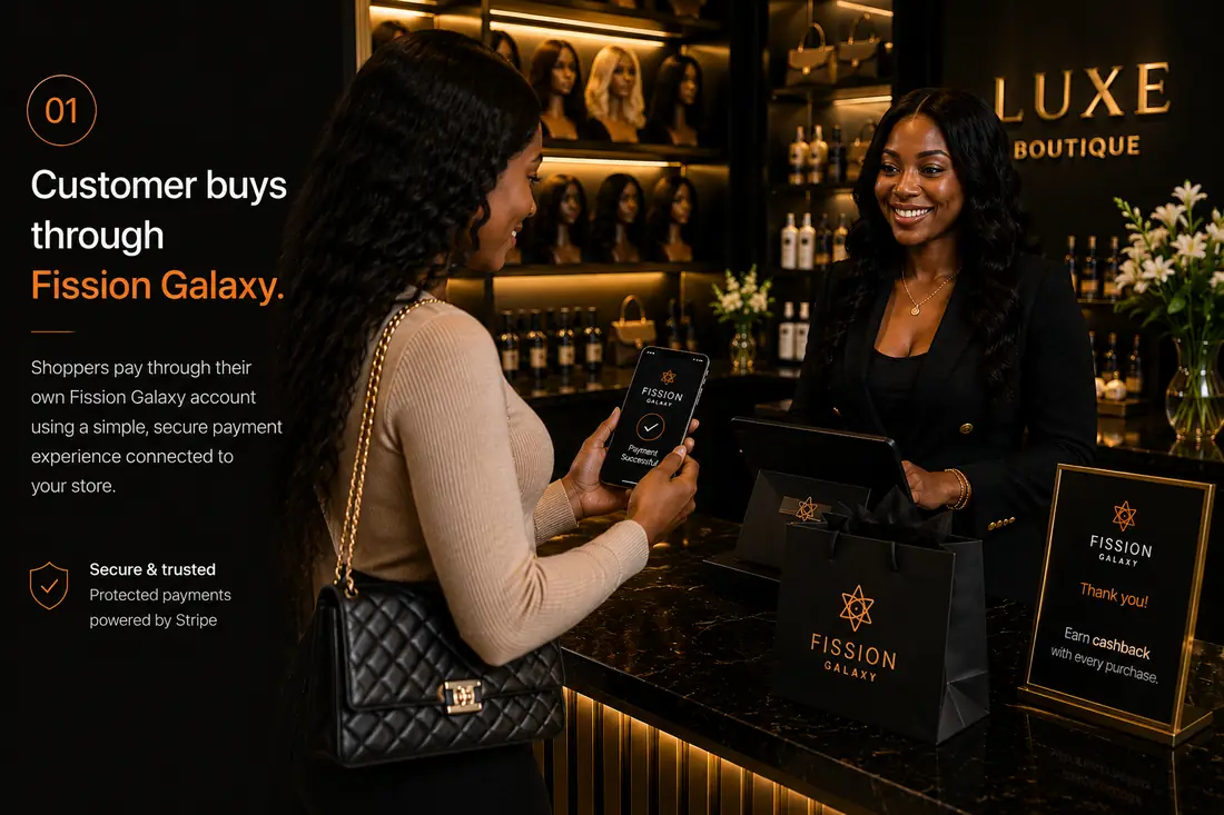 A shopper checks out through Fission Galaxy
